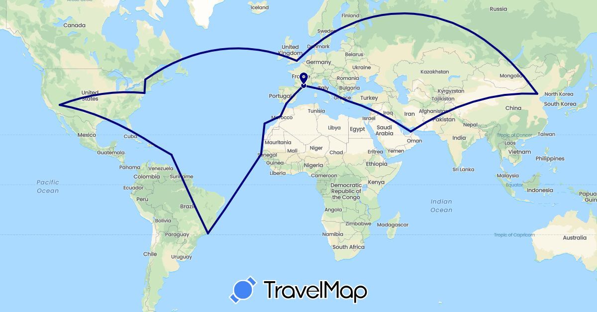 TravelMap itinerary: driving in United Arab Emirates, Brazil, Canada, China, Dominican Republic, Spain, France, United Kingdom, Greece, Italy, Morocco, Senegal, United States (Africa, Asia, Europe, North America, South America)